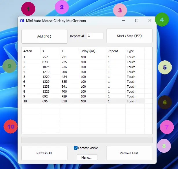 Screenshot Displays 10 Touch Actions Added to List of Touch to be Automated at Configured Screen Locations