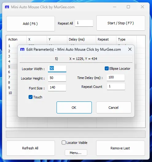 Edit Parameters Screen displaying Configurable Parameters of Macro Script Record