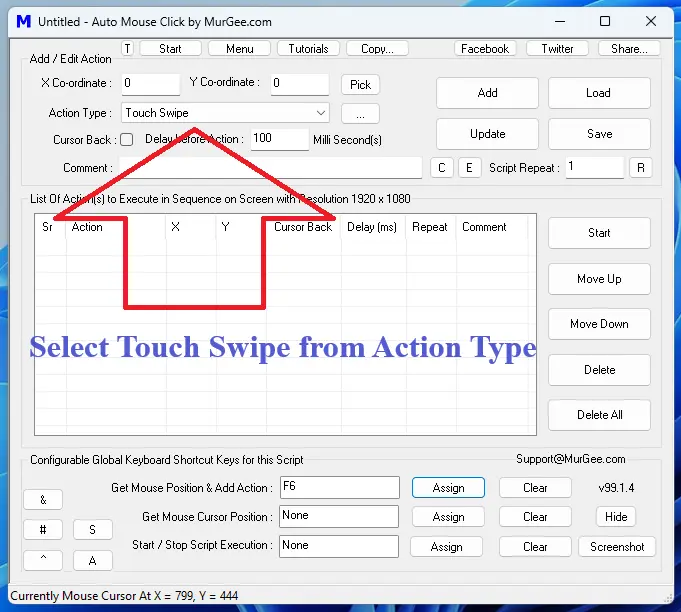 Select Touch Swipe from the List of Actions