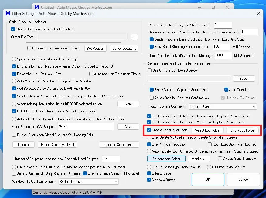 Screenshot displaying how to Enable Logging to Record Action Execution Time and other Parameters