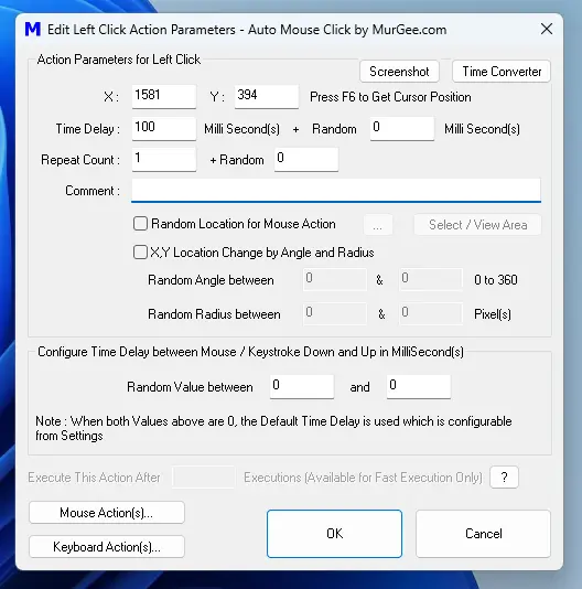 Screenshot Displaying Configurable Parameters of a Mouse Action to Control Mouse Action Screen Location, Repeat Count, Time Delay and other Parameters