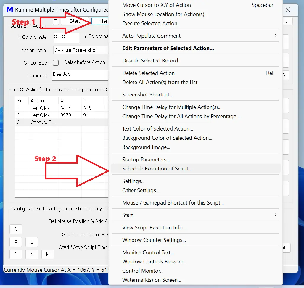 Launch Schedule Execution of Script Screen from Menu