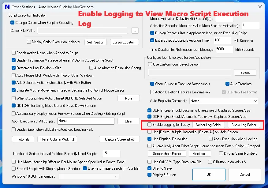 Screenshot Displays How you can Enable Logging for Macro Script Execution