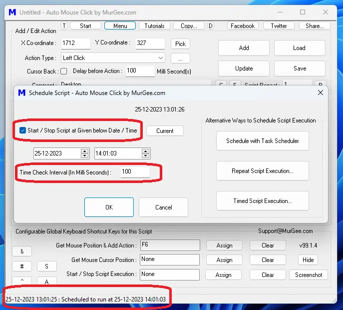 Screenshot Displaying Configurable Date / Time and Time Check Interval to Run the Macro Script at a Later Date / Time