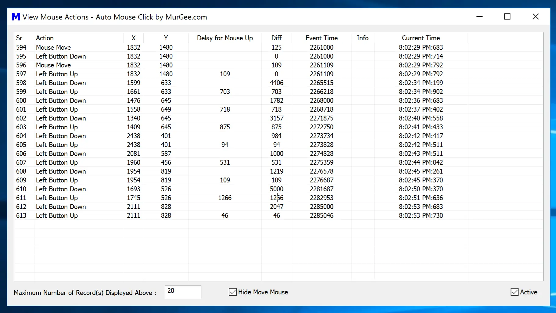 Screenshot Displaying Manual and Automated Mouse Actions and Time of Each Mouse Action