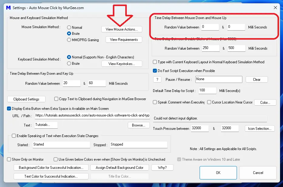 Settings of the Software Allowing you to Launch View Mouse Actions and Configure Time Delay between Mouse Down and Mouse Up